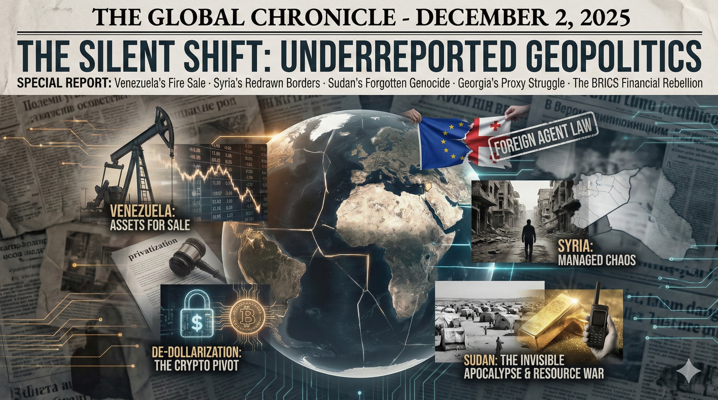 Global map highlighting conflict zones and economic shifts